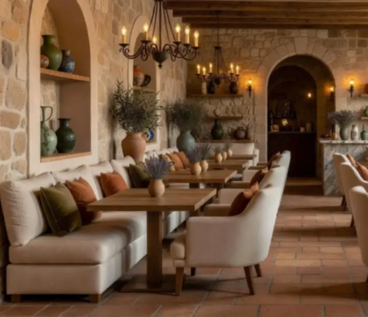 Śródziemnomorskie wnętrze restauracji z ciepłym oświetleniem i eleganckimi detalami
