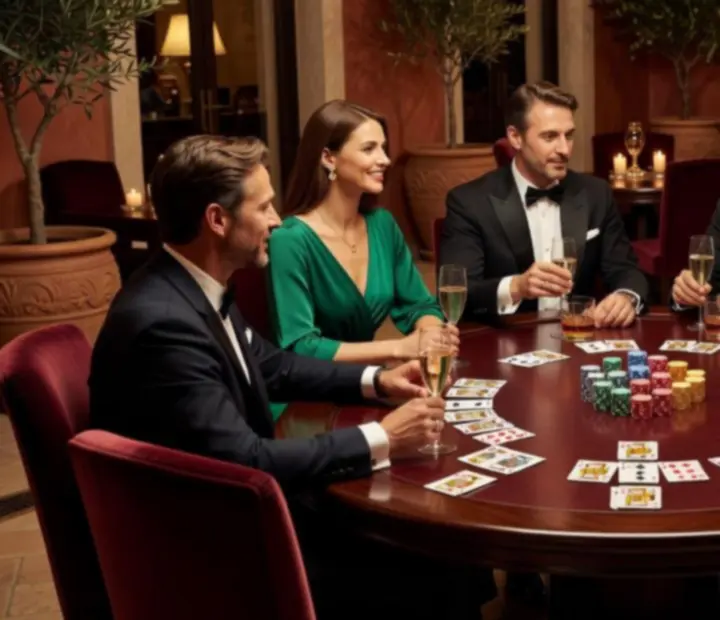 Elegancki stół pokerowy z symbolicznymi żetonami i ciepłym oświetleniem