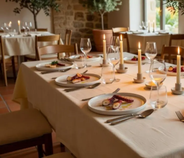 Elegancko nakryty stół z menu degustacyjnym w restauracji Velona Storia