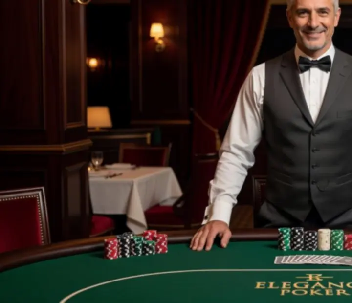 Profesjonalny krupier prowadzący rozgrywkę przy eleganckim stole pokerowym