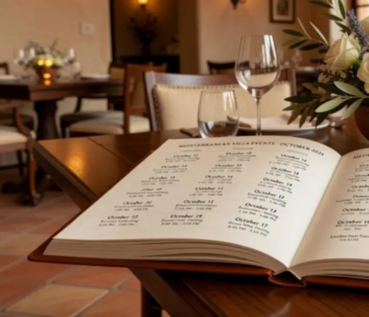 Kalendarz eleganckich wydarzeń restauracyjnych rozłożony na stoliku