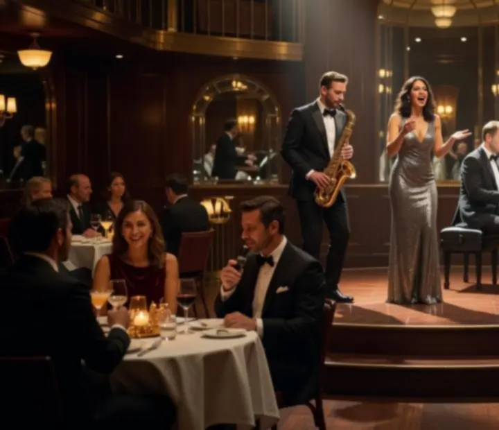 Muzycy grający na żywo w eleganckiej restauracji podczas wieczornego wydarzenia