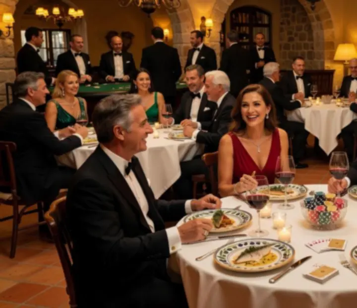 Wieczór tematyczny w eleganckiej restauracji ze stylowo nakrytymi stołami